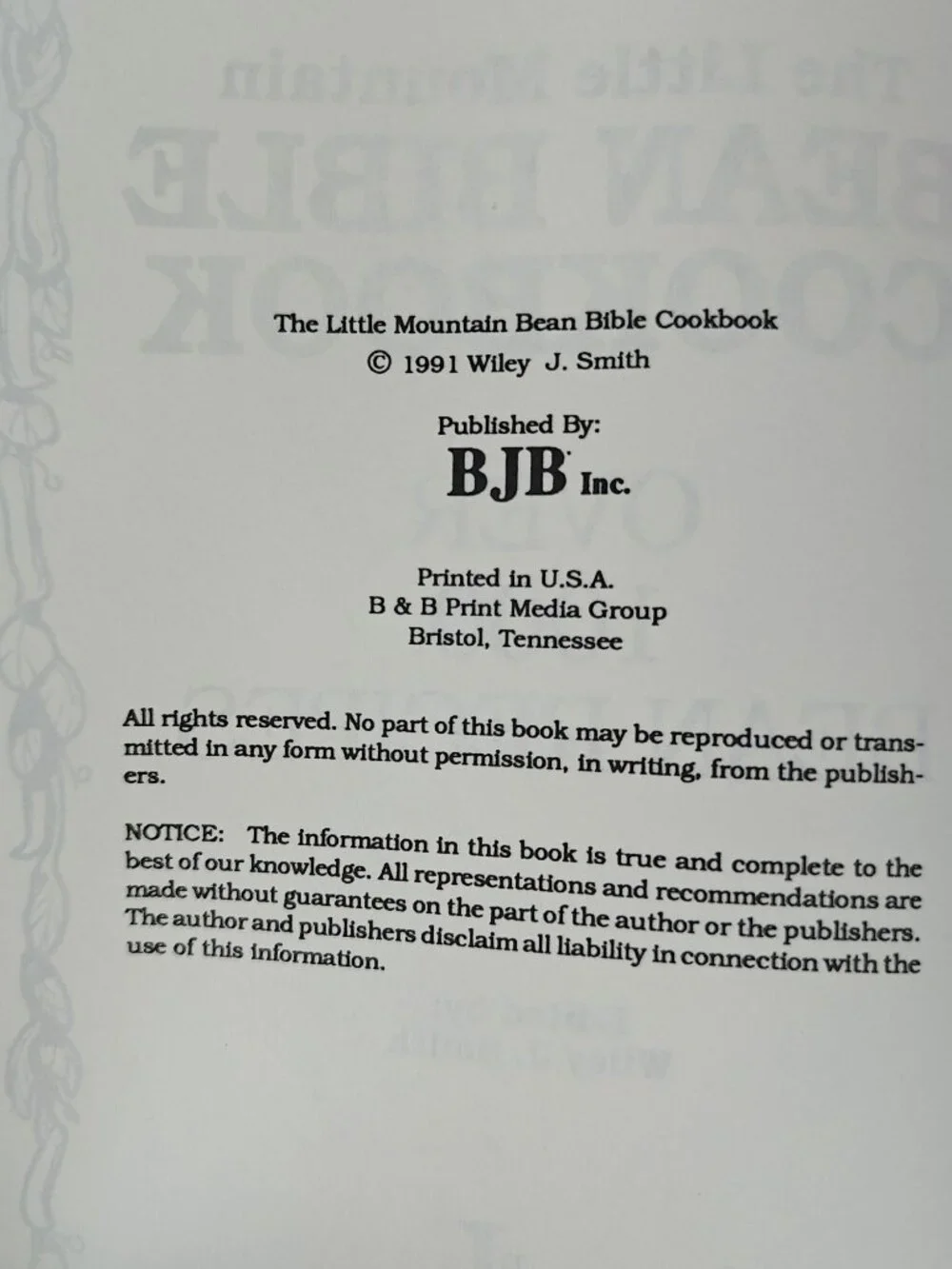 The Little Mountain Bean Bible Cookbook Wiley J. Smith 1991 Paperback Cookbook